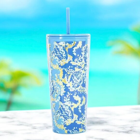 Lilly Pulitzer Travel Drink Tumbler With Straw in Turtley Awesome 24 oz Blue - Picture 2 of 9